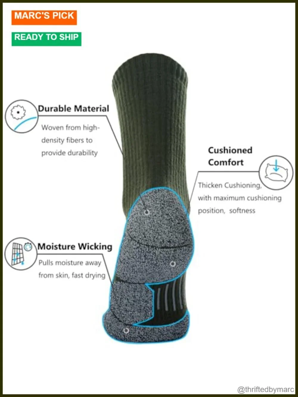 Crew Hiking Socks, Cushion, Moisture Wicking, Arch Compression Boot Socks